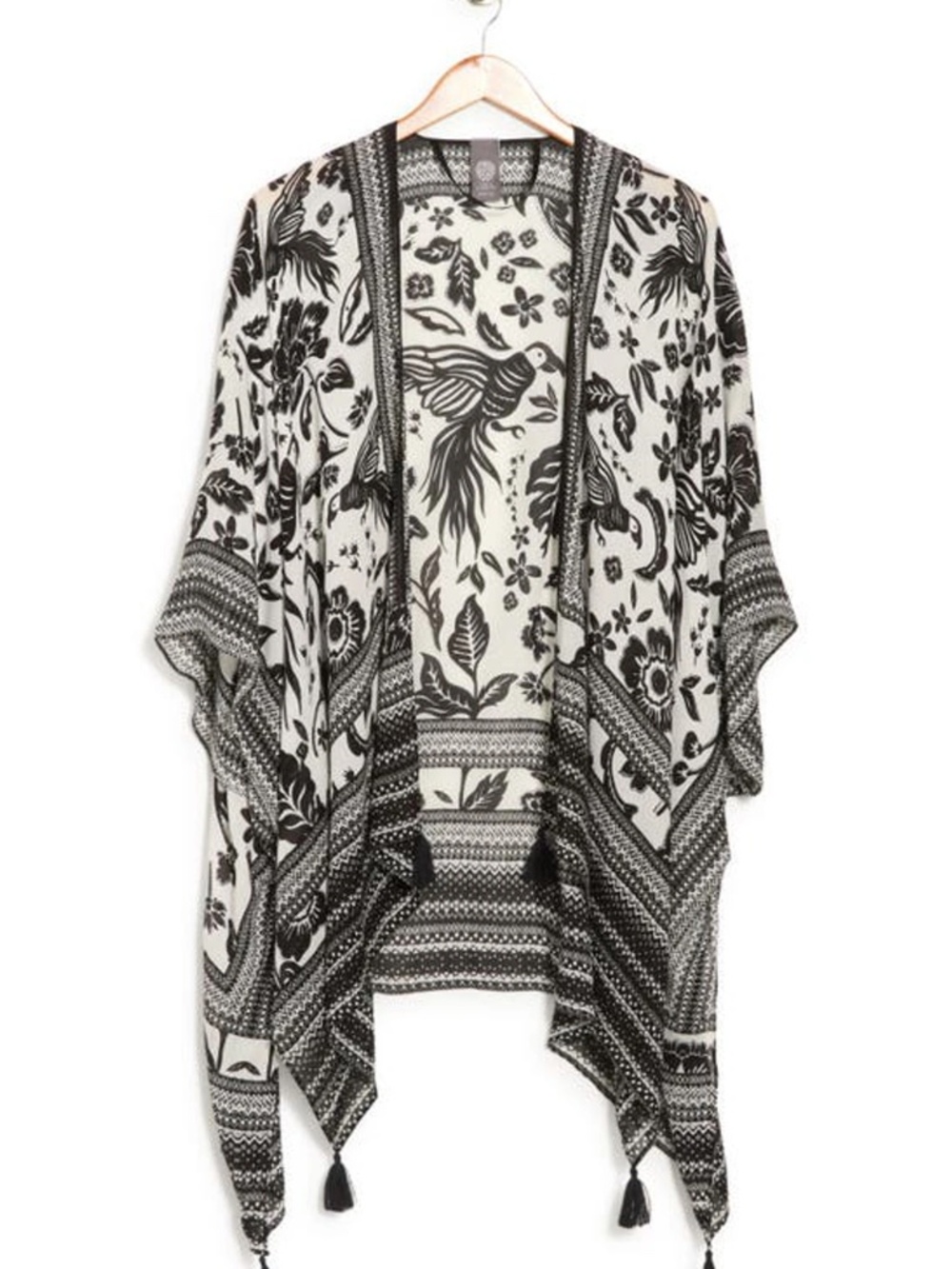 Vince‎ Camuto Black and White Bird Print Open-Front Kimono/Shawl One Size